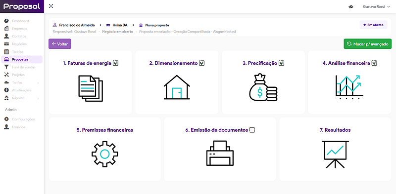 Etapas da proposta no Proposol: faturas de energia, dimensionamento, precificação e análise financeira.
