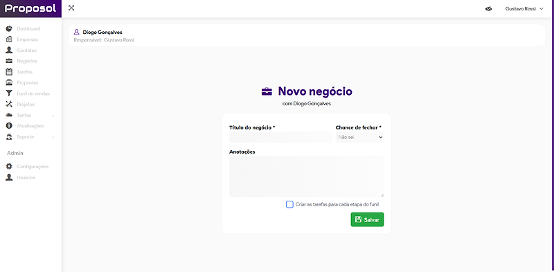 Tela de cadastro de novo negócio no Proposol, com título, chance de fechar e anotações.